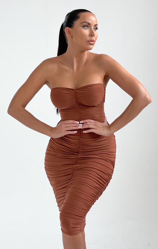 Femme Luxe Pale Chocolate Strapless Ruched Midi Dress - Salma