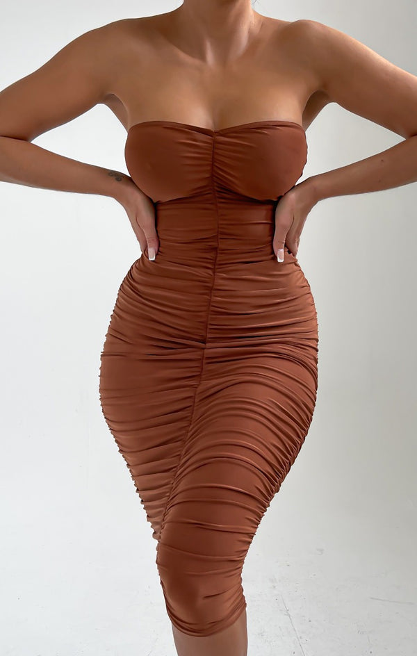 Femme Luxe Pale Chocolate Strapless Ruched Midi Dress - Salma