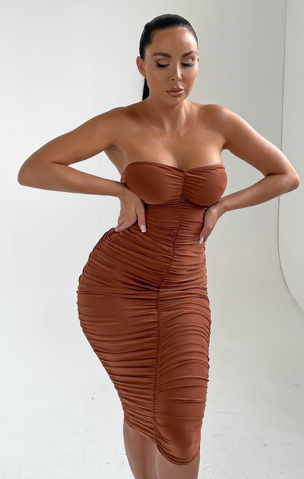 Femme Luxe Pale Chocolate Strapless Ruched Midi Dress - Salma