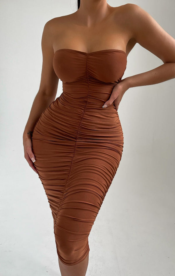femme luxe Pale Chocolate Strapless Ruched Midi Dress - Salma femme luxe Pale Chocolate Strapless Ruched Midi Dress - Salma