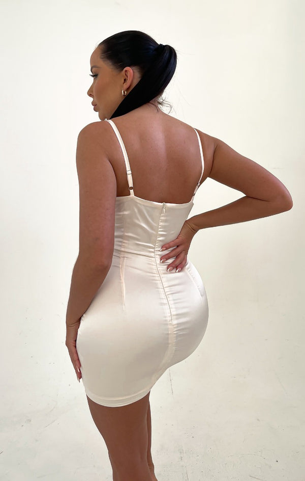 Femme Luxe Pale Nude Satin Cup Detail Diamante Mini Dress - Serena