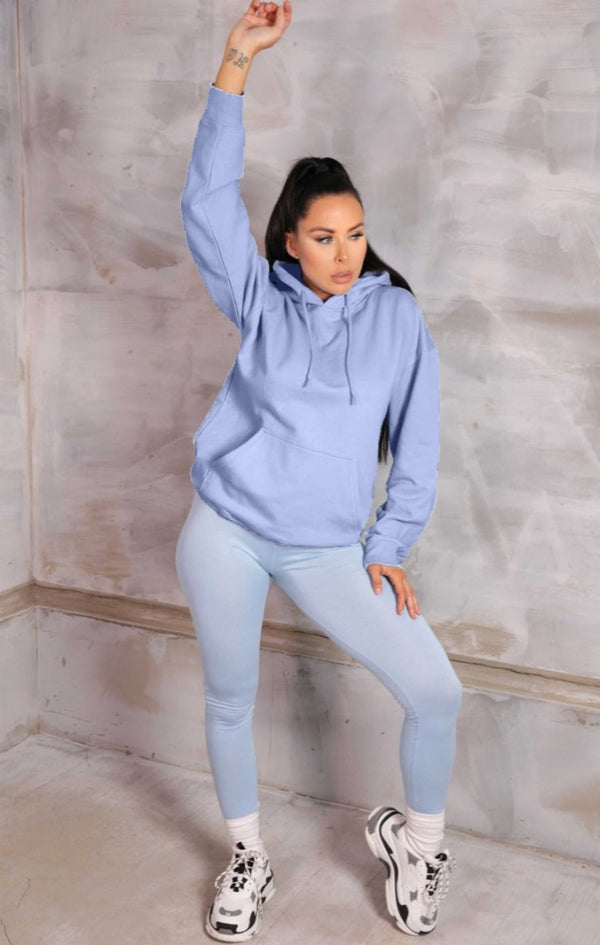 femme luxe Pastel Blue Oversized Long Sleeve Front Pocket Drawstring Fleece Hoodie - Stella