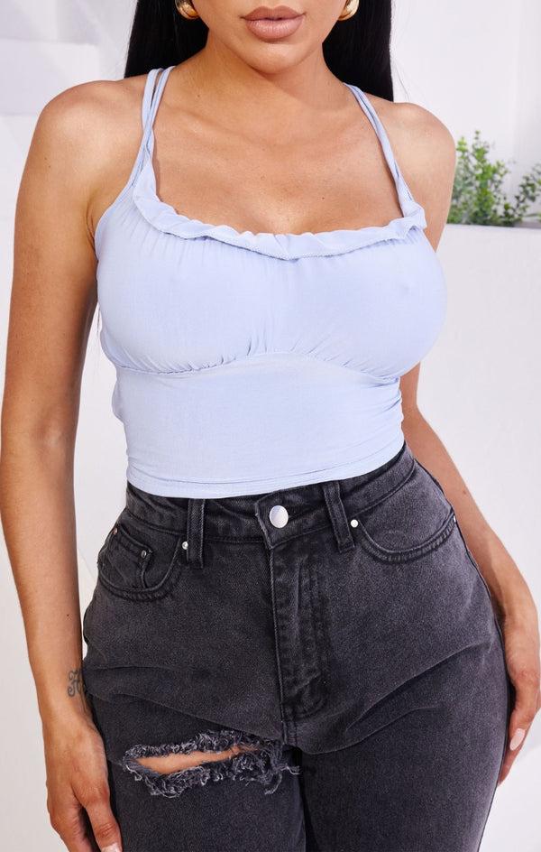 femme luxe Pastel Blue Ruched Bust Frill Detail Criss Cross Strappy Crop Top - Clara