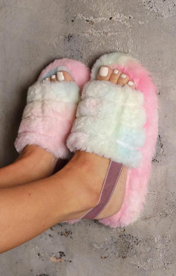 Femme Luxe Pastel Rainbow Tie Dye Fluffy Faux Fur Elasticated Back Flatform Slippers - Amara
