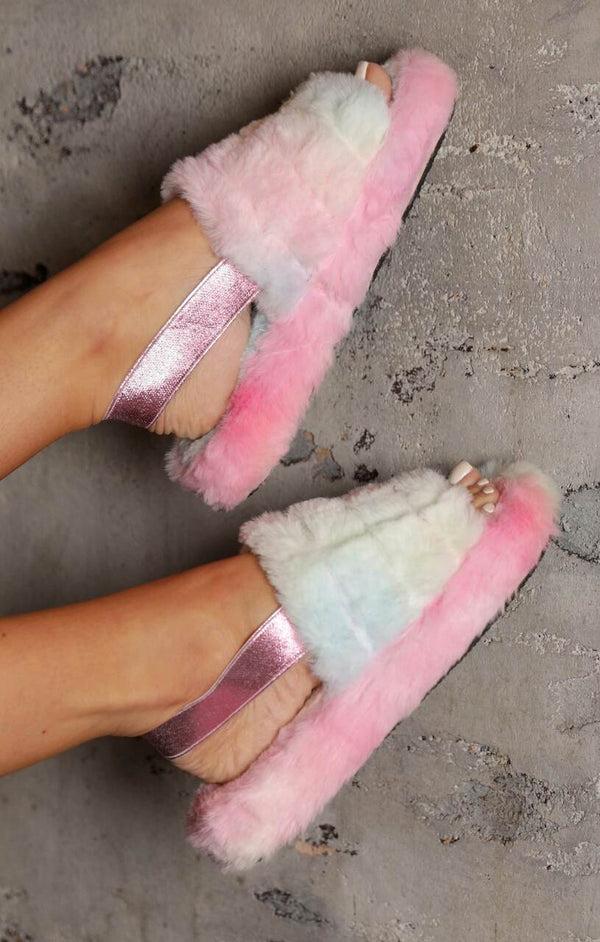 femme luxe Pastel Rainbow Tie Dye Fluffy Faux Fur Elasticated Back Flatform Slippers - Amara