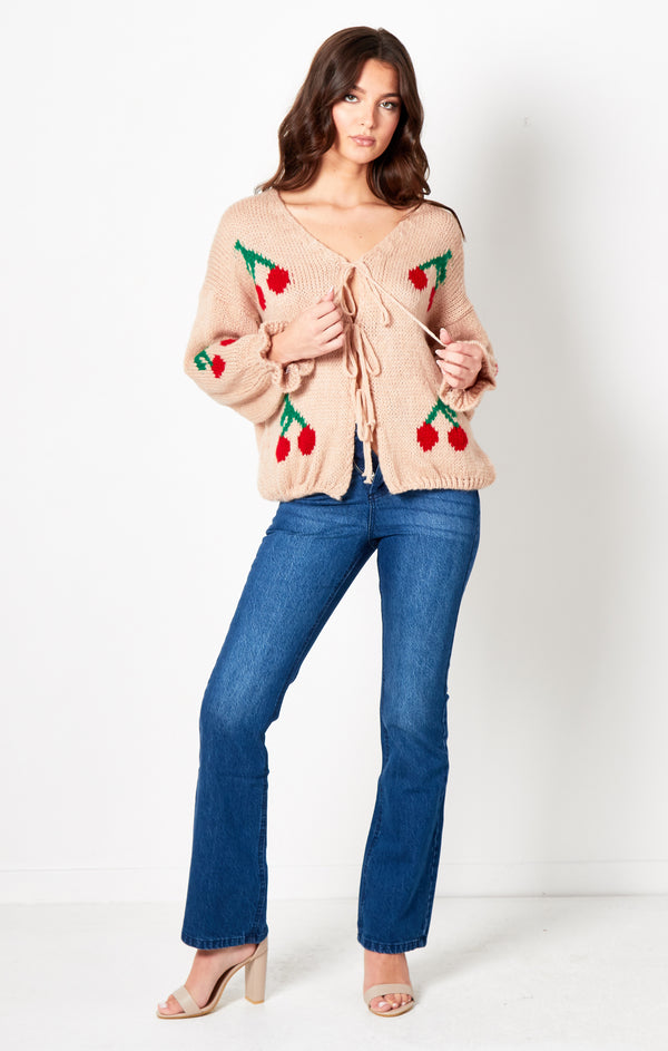 Femme Luxe Pink Cherry Print Knit Tie Front Cardigan- Misha
