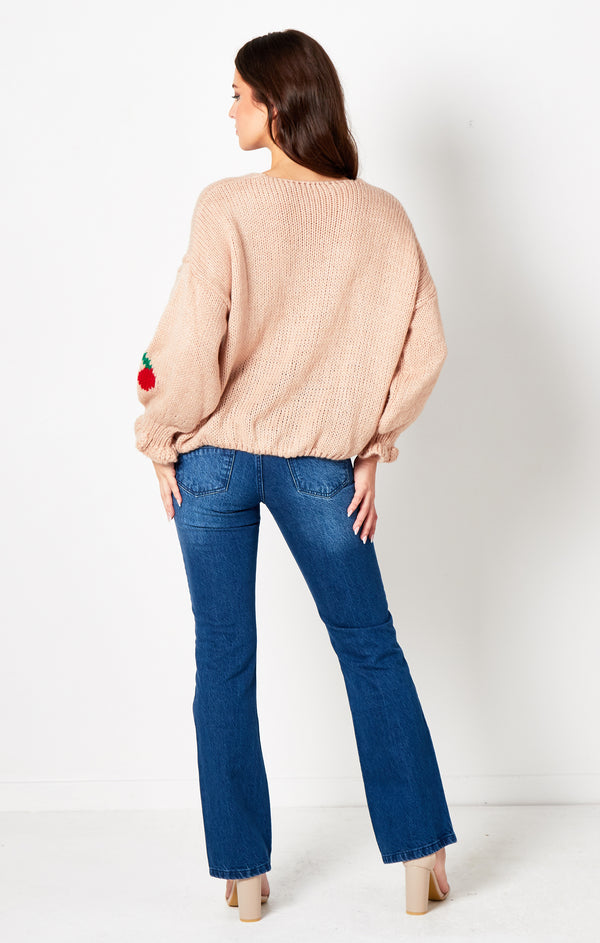 Femme Luxe Pink Cherry Print Knit Tie Front Cardigan- Misha