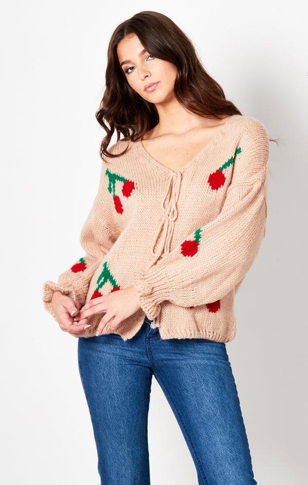 Femme Luxe Pink Cherry Print Knit Tie Front Cardigan- Misha