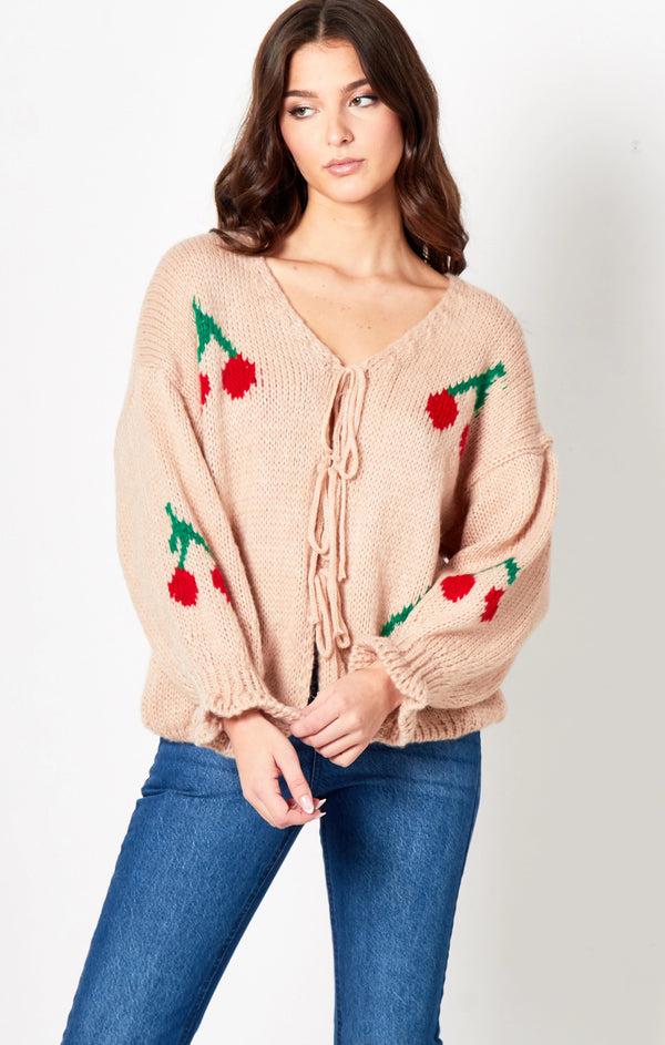 femme luxe Pink Cherry Print Knit Tie Front Cardigan- Misha