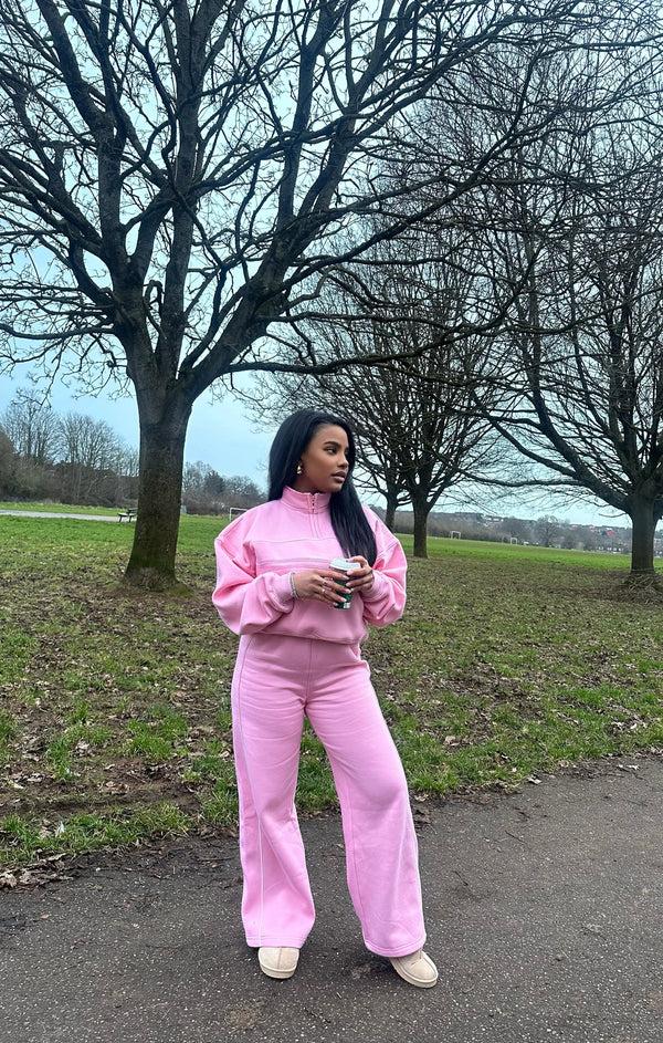 Femme Luxe Pink Contrast Striped Stand Collar Sweatshirt With Wide Leg Trouser - Elara
