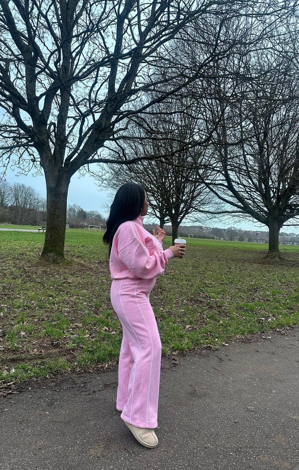 Femme Luxe Pink Contrast Striped Stand Collar Sweatshirt With Wide Leg Trouser - Elara