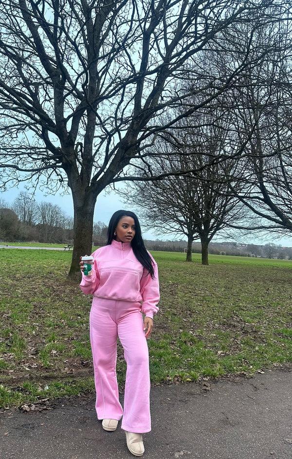 Femme Luxe Pink Contrast Striped Stand Collar Sweatshirt With Wide Leg Trouser - Elara