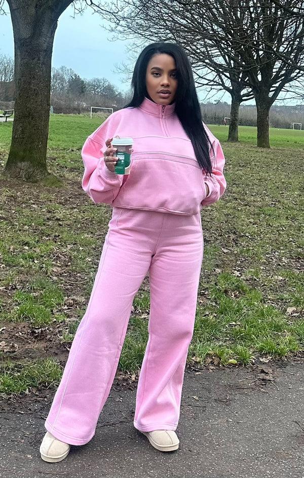 femme luxe Pink Contrast Striped Stand Collar Sweatshirt With Wide Leg Trouser - Elara