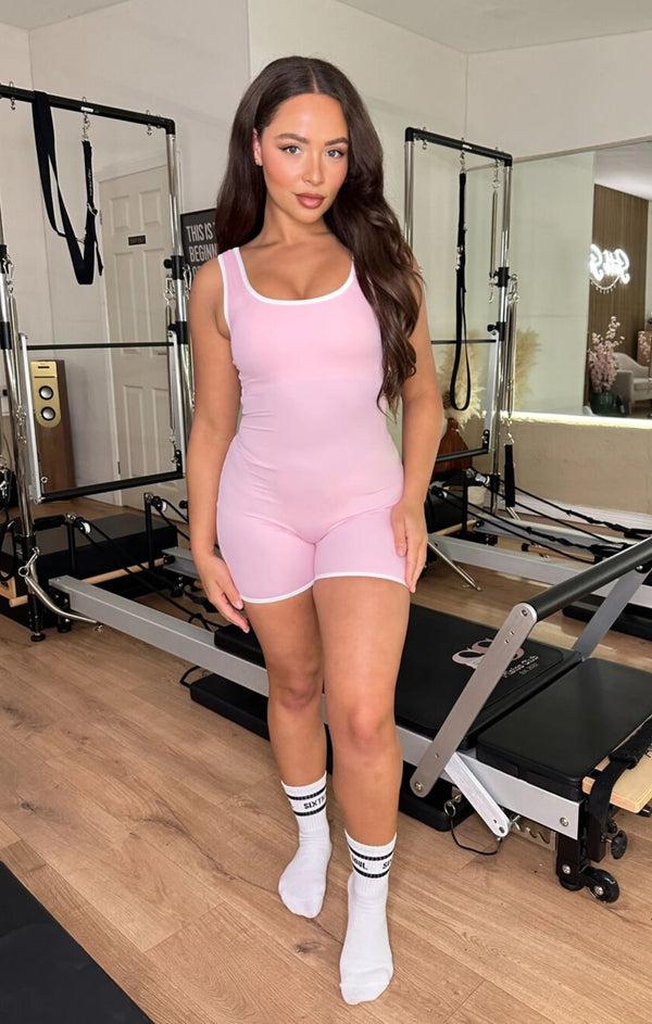 Femme Luxe Pink Cut Out Back Piped Edging Short Unitard - Clio