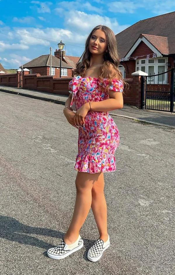 femme luxe Pink Ditsy Floral Knot Front Shirred Mini Dress - Amarisse