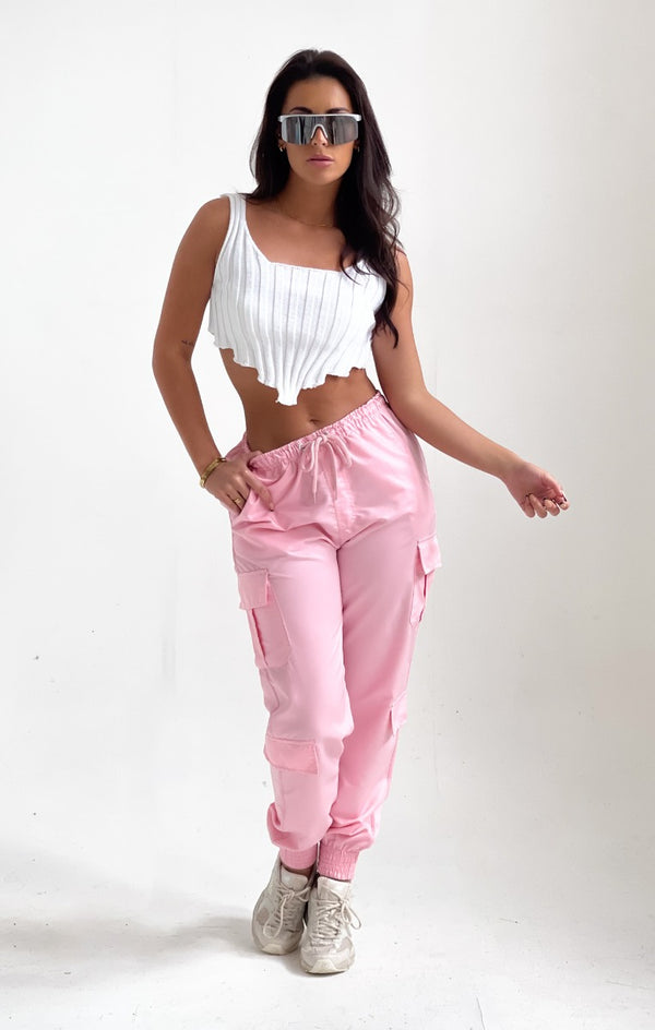 Femme Luxe Pink Elasticated Drawstring Cargo Trousers - Etta