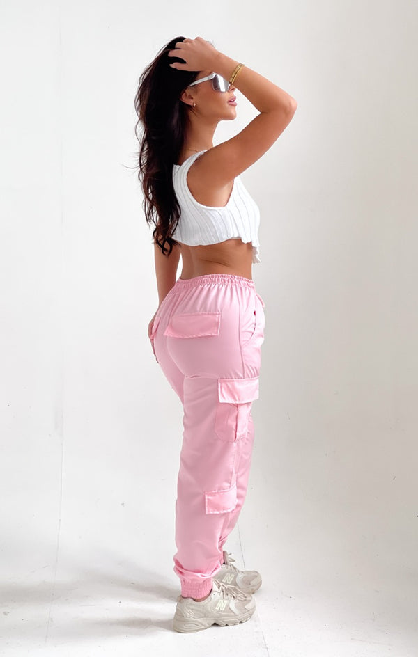 Femme Luxe Pink Elasticated Drawstring Cargo Trousers - Etta