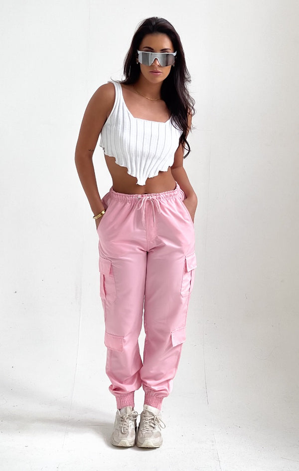 femme luxe Pink Elasticated Drawstring Cargo Trousers - Etta