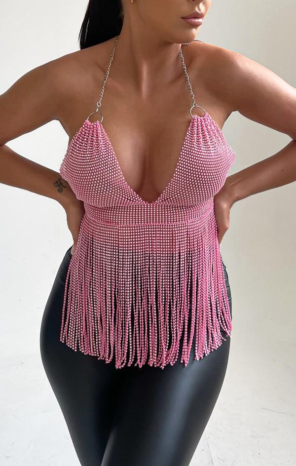 Femme Luxe Pink Halter Neck Open Back Chain Mail Tassel Top - Dani