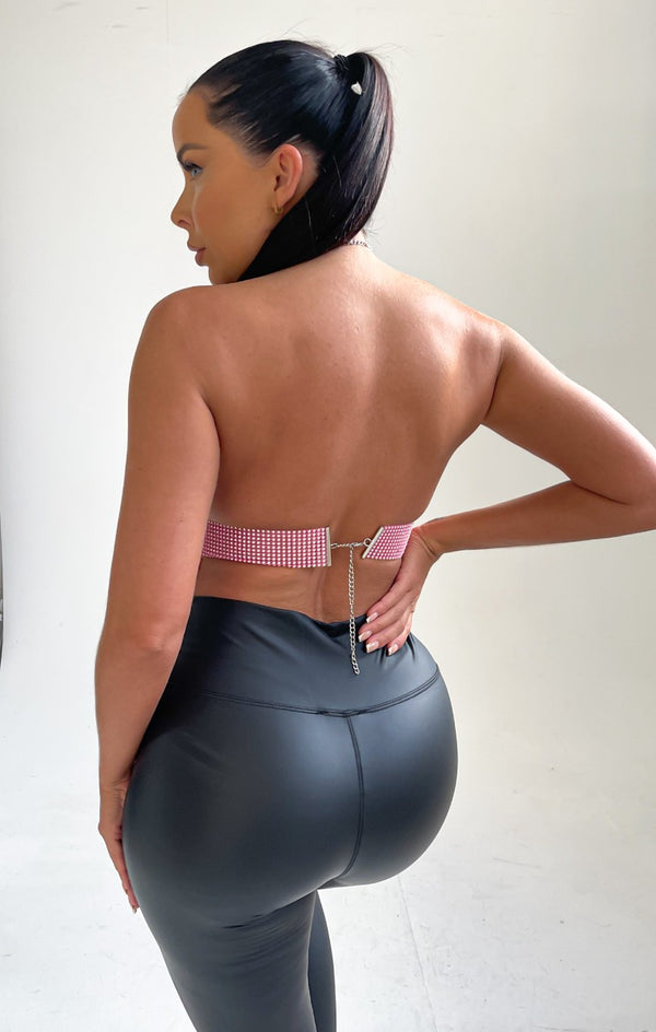 Femme Luxe Pink Halter Neck Open Back Chain Mail Tassel Top - Dani