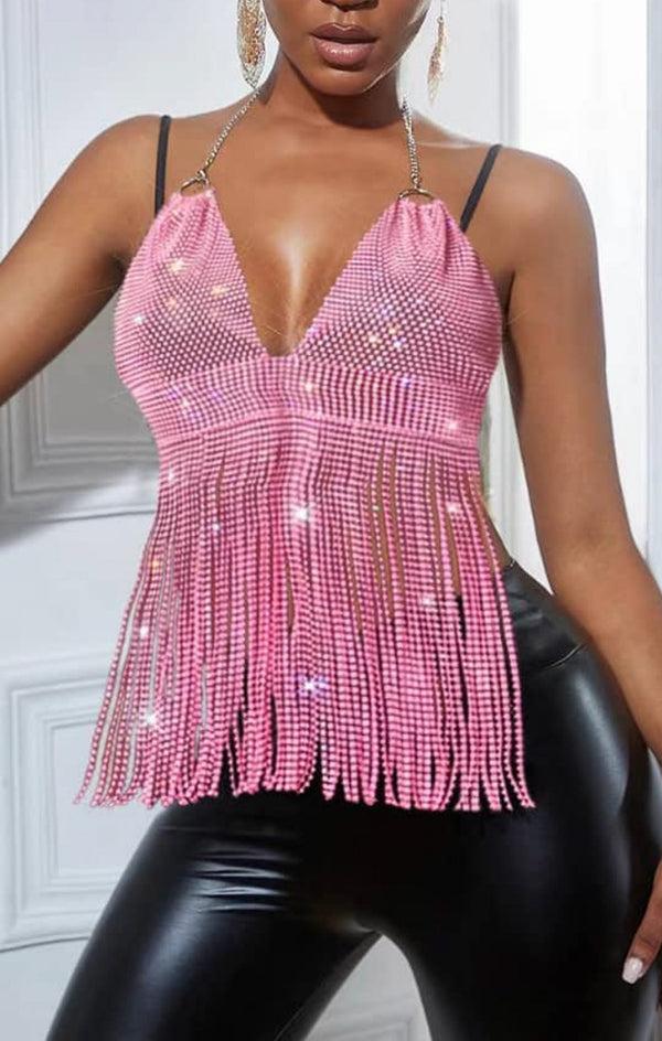femme luxe Pink Halter Neck Open Back Chain Mail Tassel Top - Dani