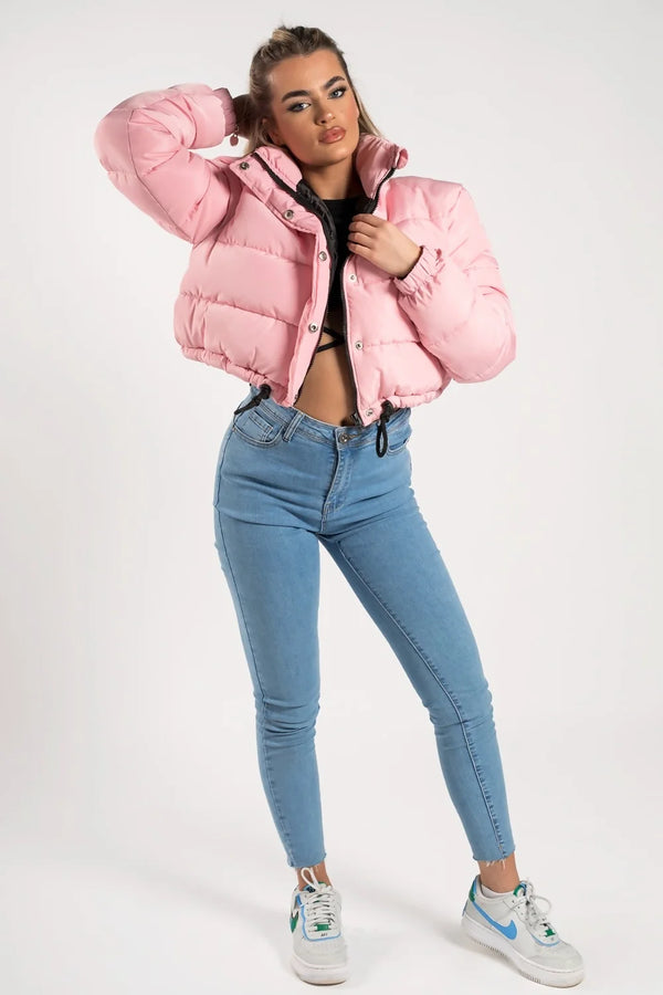 Femme Luxe Pink High Neck Padded Cropped Puffer Jacket - Khlo