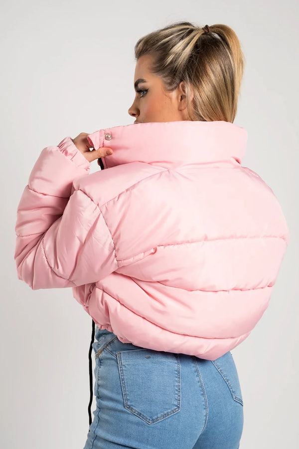 Femme Luxe Pink High Neck Padded Cropped Puffer Jacket - Khlo