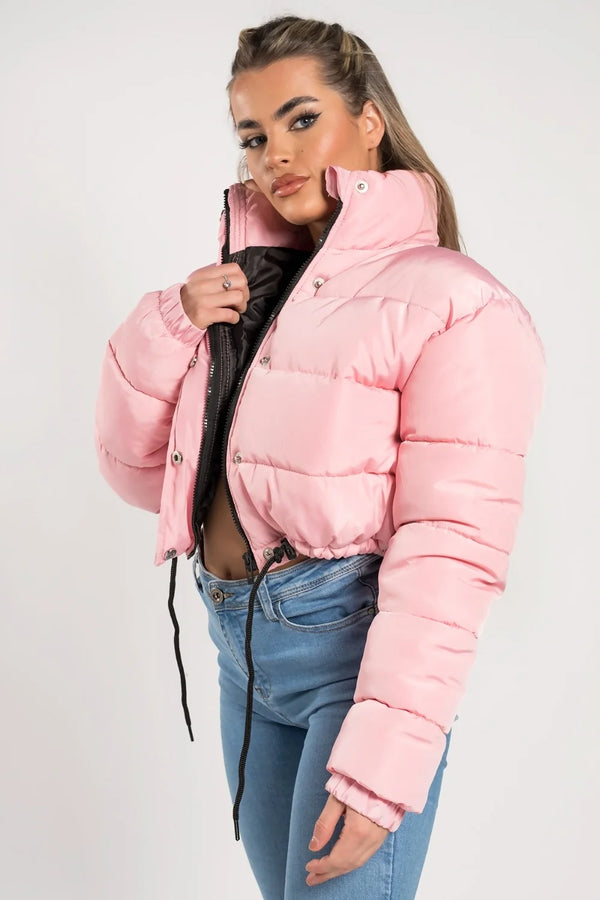 Femme Luxe Pink High Neck Padded Cropped Puffer Jacket - Khlo