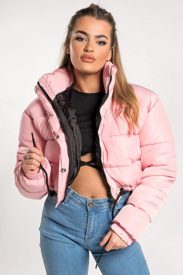 femme luxe Pink High Neck Padded Cropped Puffer Jacket - Khlo