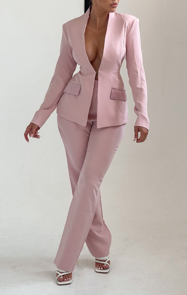 Femme Luxe Pink Long Sleeve Pocket Detail Blazer - Novah