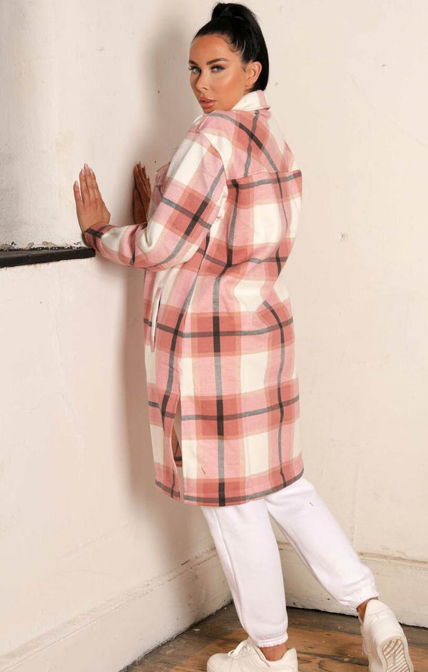 Femme Luxe Pink Oversized Check Print Pocket Detail Button Up Long Sleeve Midi Shacket Shirt Dress - Ruby