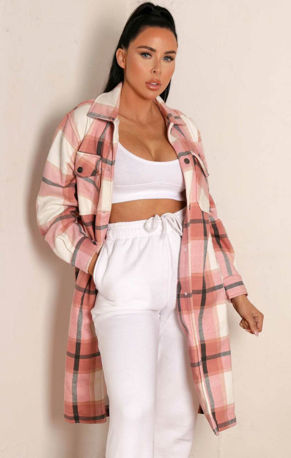 femme luxe Pink Oversized Check Print Pocket Detail Button Up Long Sleeve Midi Shacket Shirt Dress - Ruby