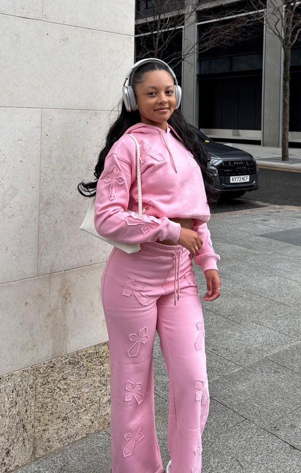 femme luxe Pink Oversized Crucifix Cross Hoodie With Wide Leg Trouser - Maren