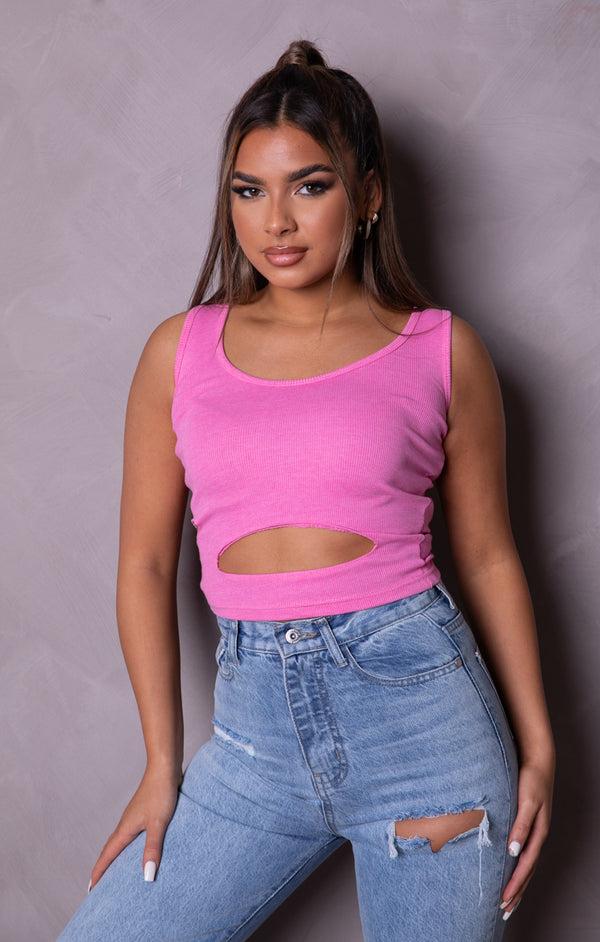 femme luxe Pink Ribbed Sleeveless Cut Out Crop Top - Zinnia