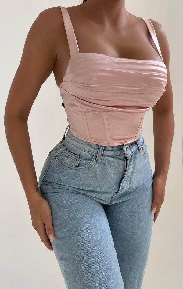 Femme Luxe Pink Satin Square Neck Strappy Corset Top - Luna