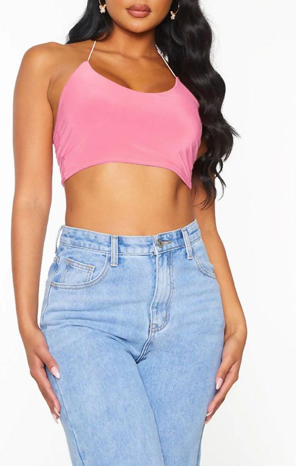 femme luxe Pink Slinky Spaghetti Strap Halterneck Crop Top - Carisella