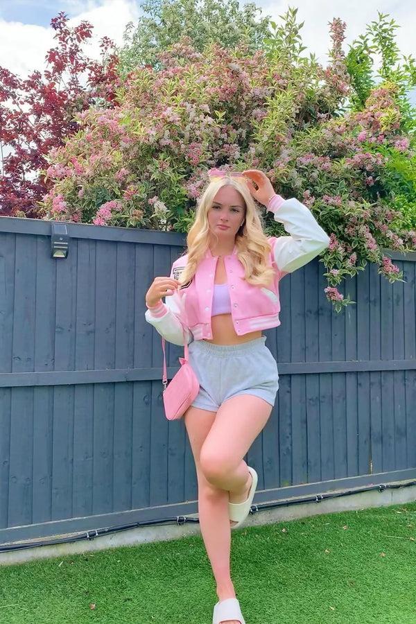 Femme Luxe Pink Varsity Slogan Contrast Sleeve Bomber - Hallie