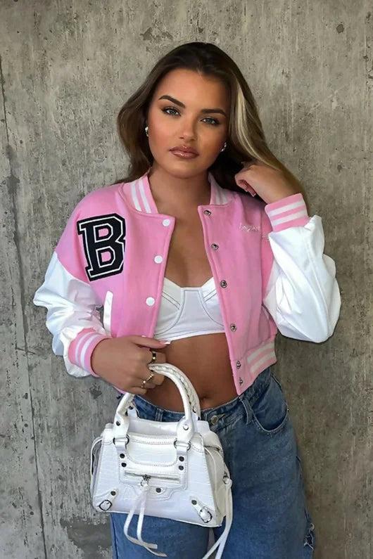Femme Luxe Pink Varsity Slogan Contrast Sleeve Bomber - Hallie