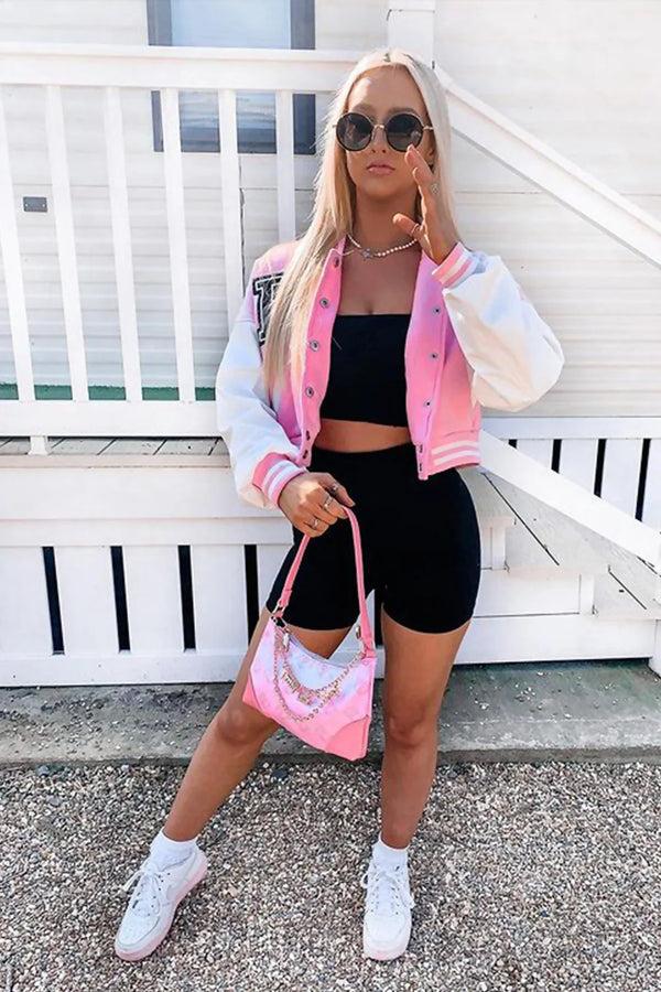 femme luxe Pink Varsity Slogan Contrast Sleeve Bomber - Hallie