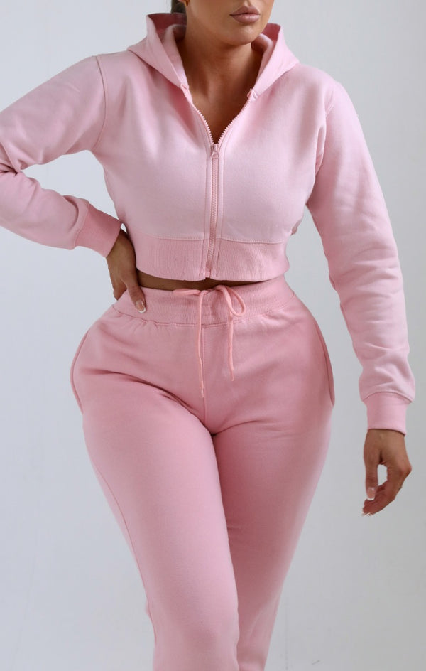 Femme Luxe Pink Zip Up Crop Hoodie & Joggers Loungewear Set - Nell