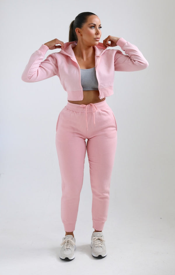 Femme Luxe Pink Zip Up Crop Hoodie & Joggers Loungewear Set - Nell