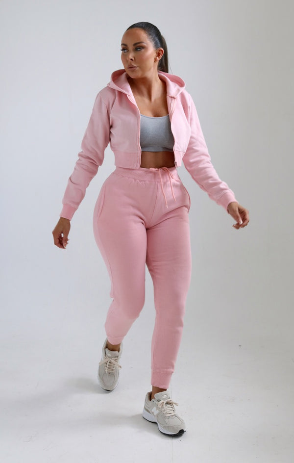 femme luxe Pink Zip Up Crop Hoodie & Joggers Loungewear Set - Nell