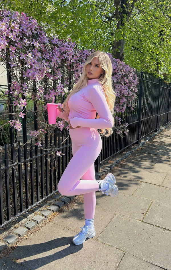 Femme Luxe Pink Zip Up Long Sleeve Top With Leggings Activewear Set - Livia