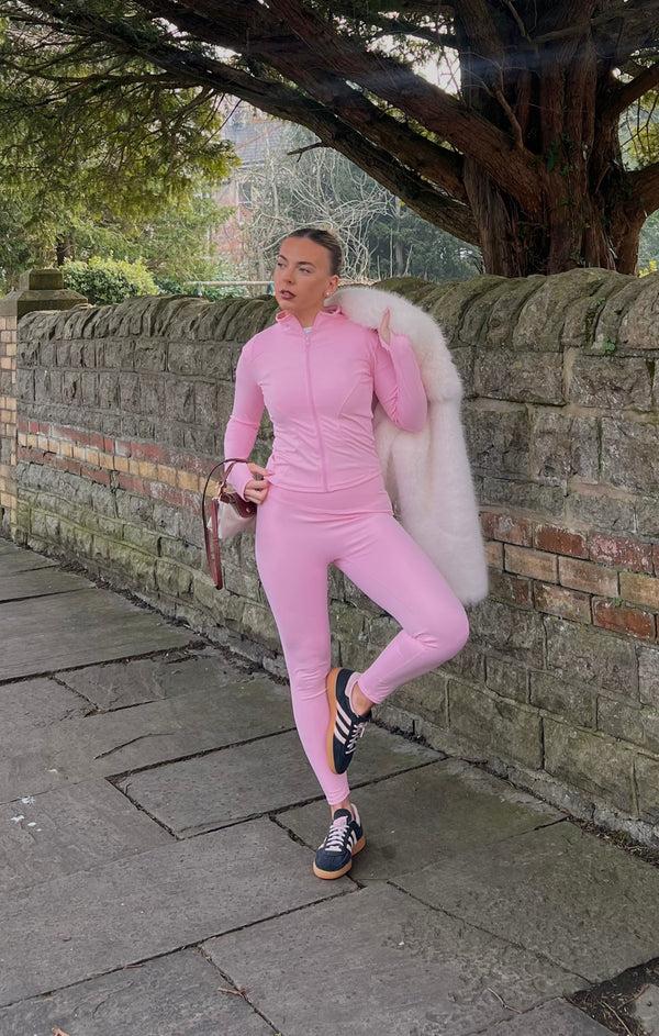 Femme Luxe Pink Zip Up Long Sleeve Top With Leggings Activewear Set - Livia