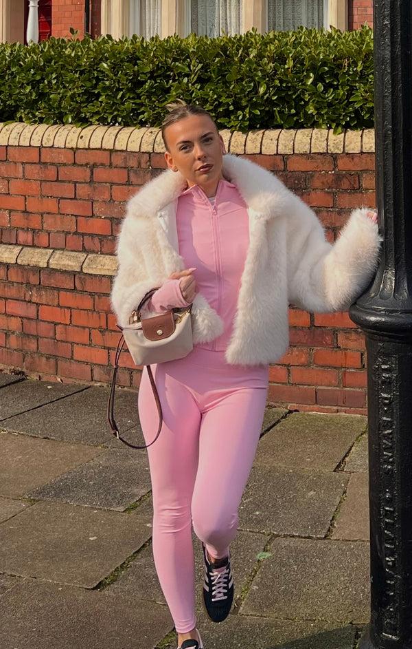 Femme Luxe Pink Zip Up Long Sleeve Top With Leggings Activewear Set - Livia