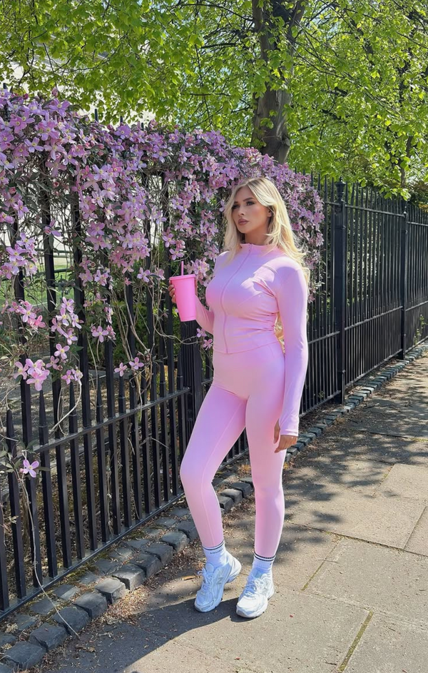 femme luxe Pink Zip Up Long Sleeve Top with Leggings Activewear Set - Livia