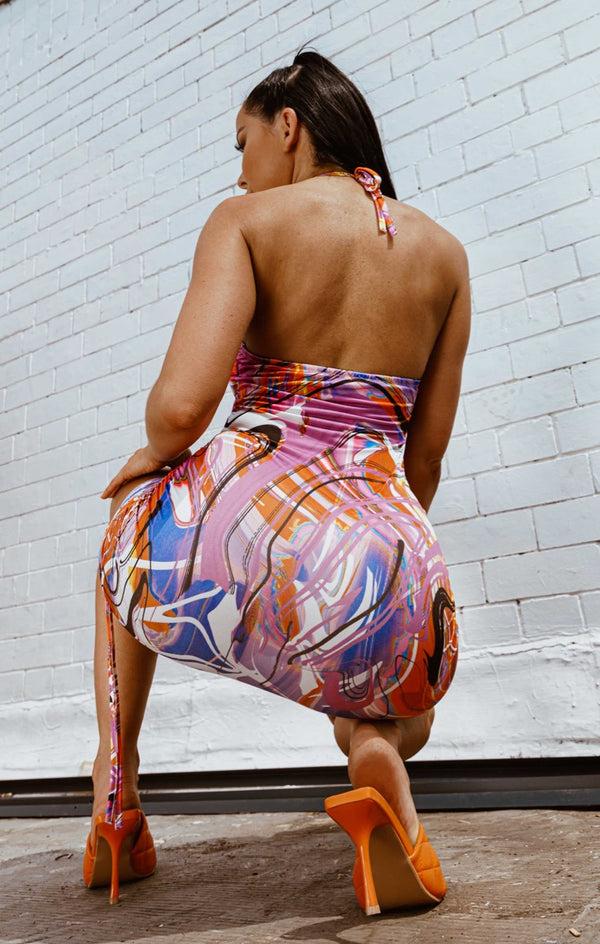Femme Luxe Purple & Orange Marble Print Slinky Halter Neck Ruched Strappy Bodycon Mini Dress - Ethel