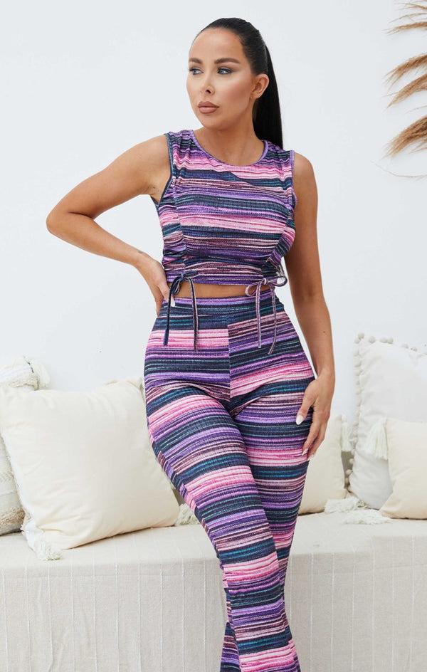 femme luxe Purple & Pink Multi-Colour Striped Sleeveless Ruched Crop Top - Nessa