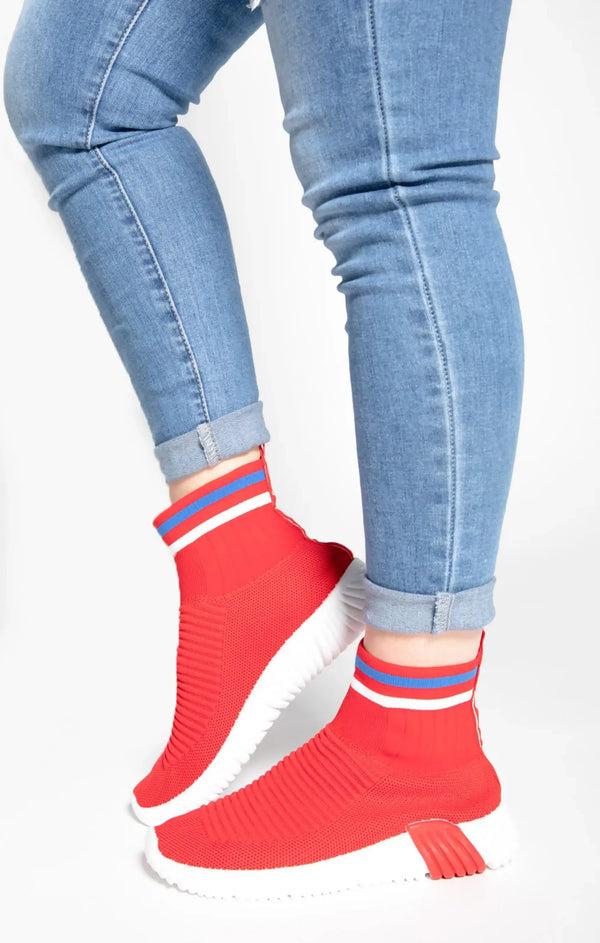 Femme Luxe Red Chunky Sole High Runner Sock Trainers - Celine