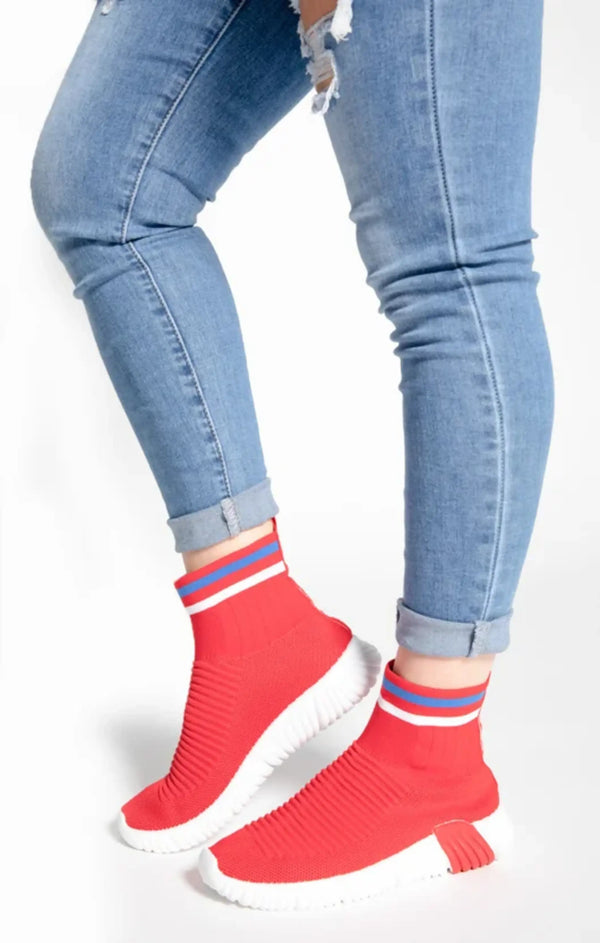 femme luxe Red Chunky Sole High Runner Sock Trainers - Celine